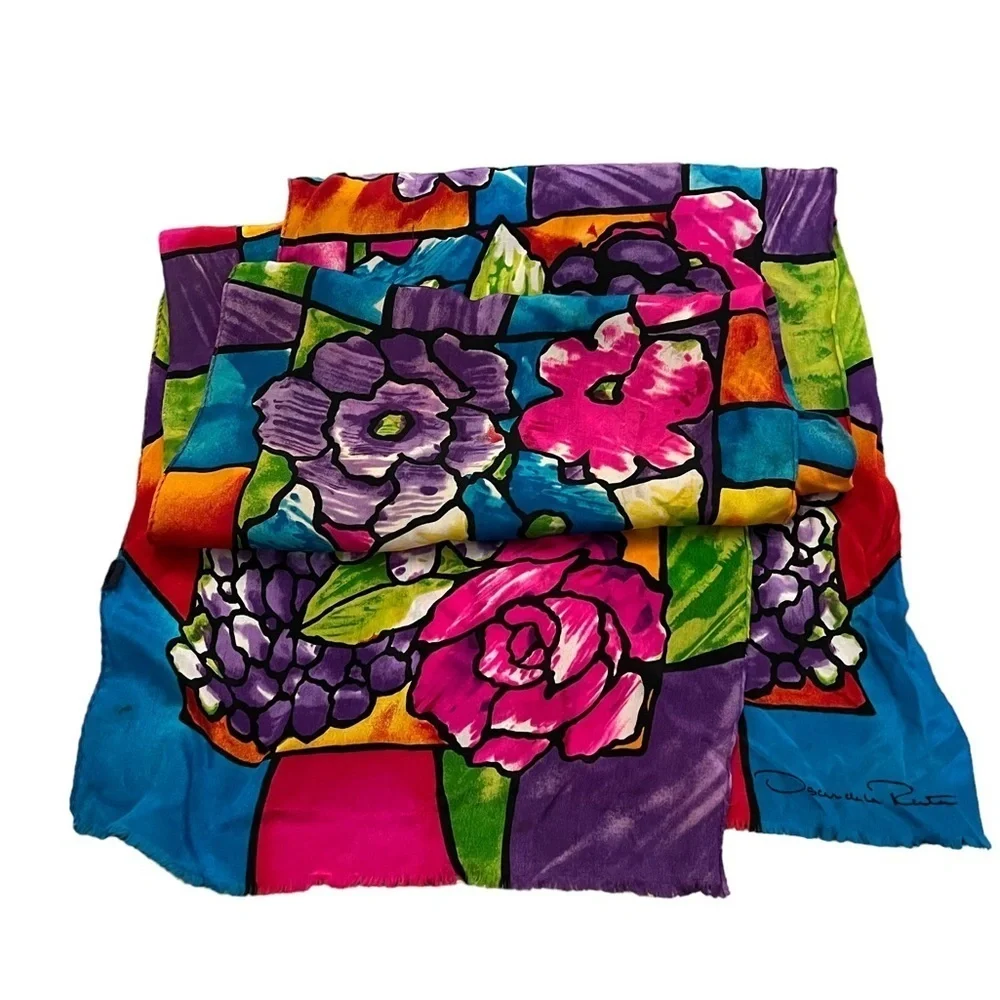 Vintage Oscar de la Renta bright floral oblong silk scarf - WOW!
